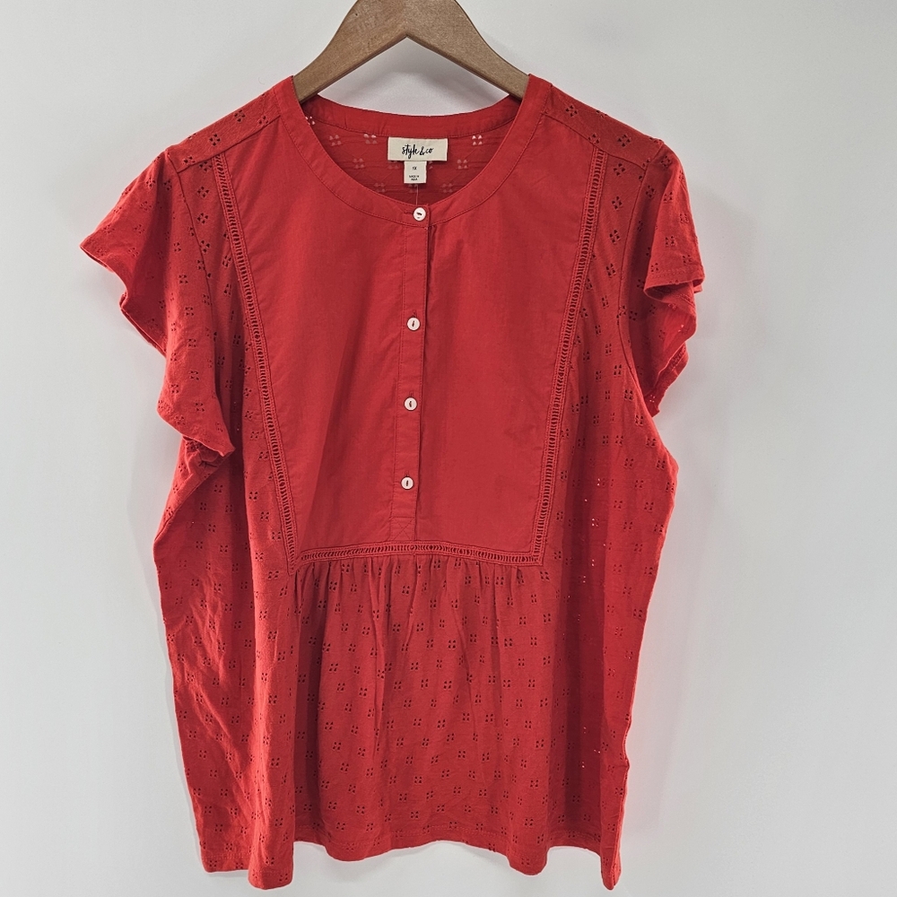 Style & Co. Red Ruffle Flutter Sleeve Cotton Eyelet Top Womens Plus Size 1X